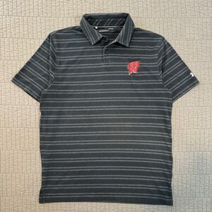 Under Armour Polo Shirt Men Large Black Wisconsin Badgers Striped Golf Loose Fit